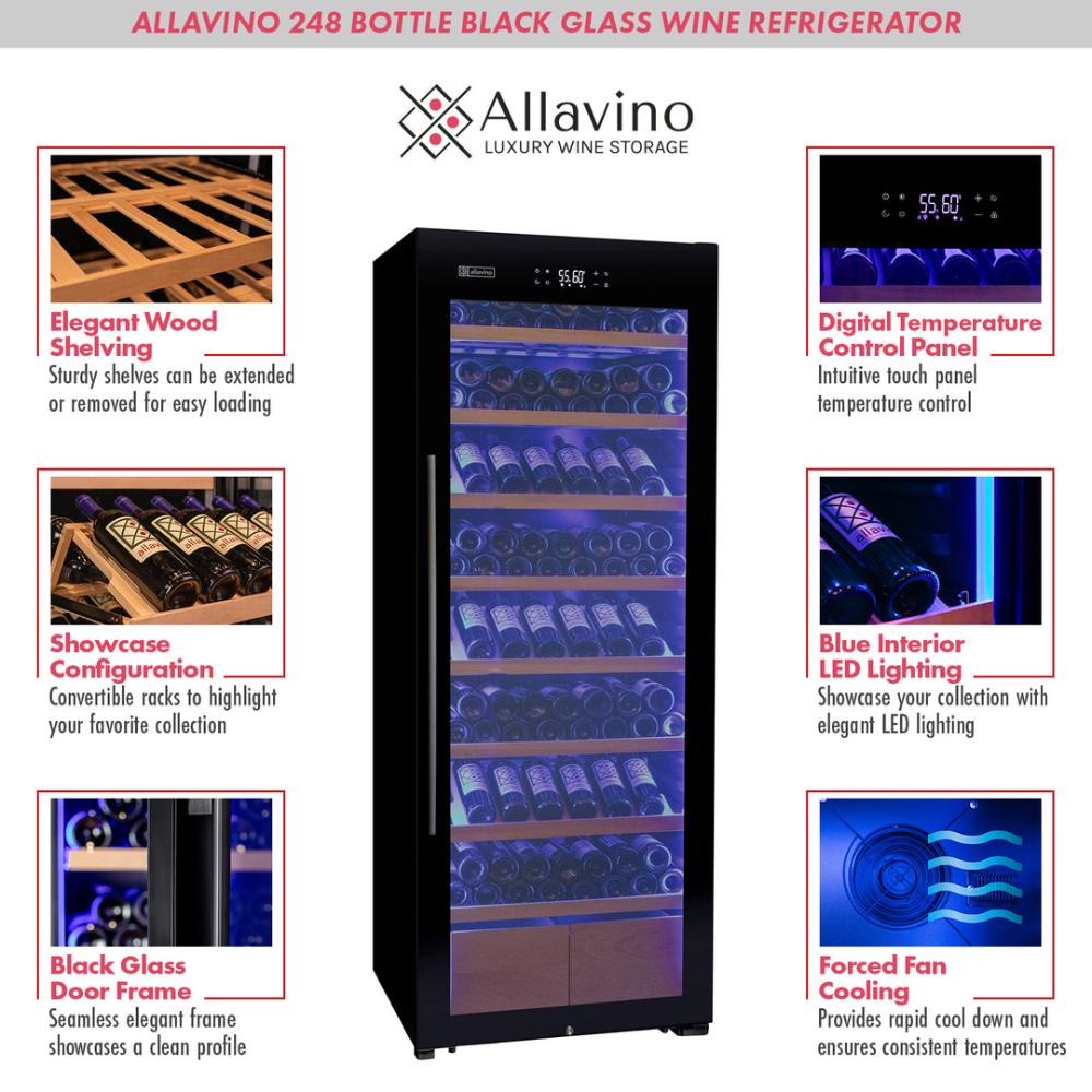 Allavino 496-Bottle Dual Zone Freestanding Wine Refrigerator – Side-by-Side with Display Shelving and Black Glass Door