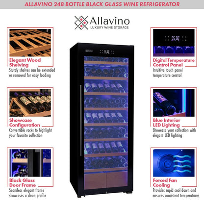 Allavino 496-Bottle Dual Zone Freestanding Wine Refrigerator – Side-by-Side with Display Shelving and Black Glass Door