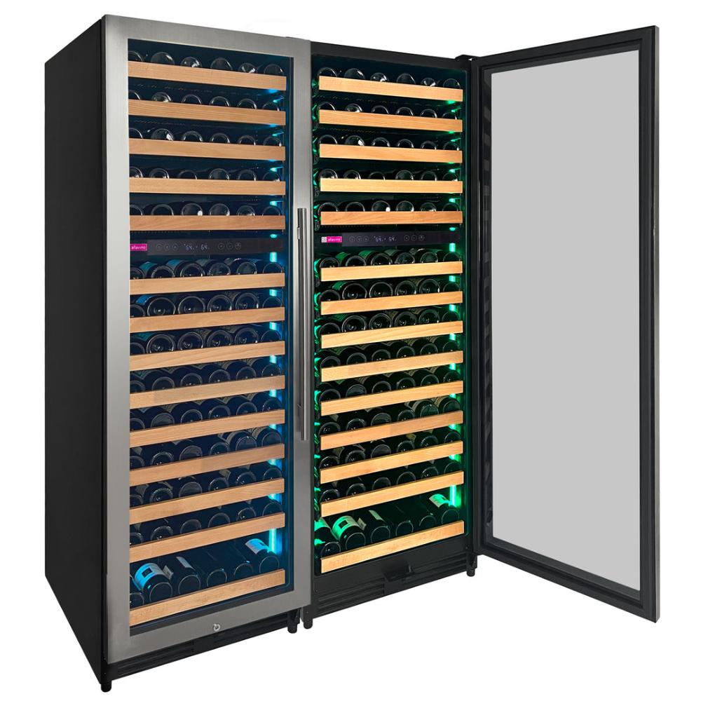 Built-in 308-bottle wine fridge with customizable interior LED lighting.