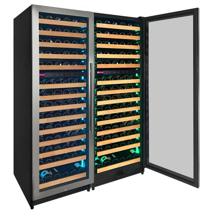 Built-in 308-bottle wine fridge with customizable interior LED lighting.