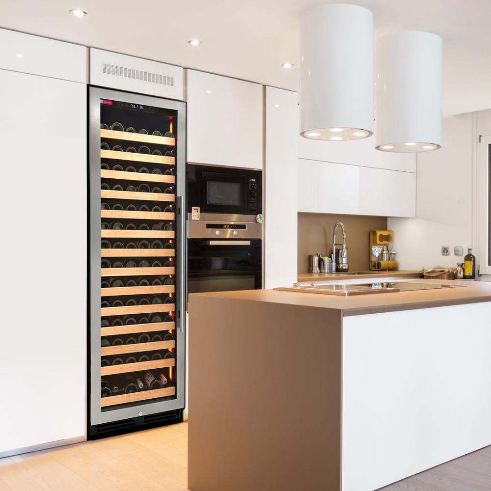 Side view of premium dual-door wine refrigerator installed in kitchen cabinetry.