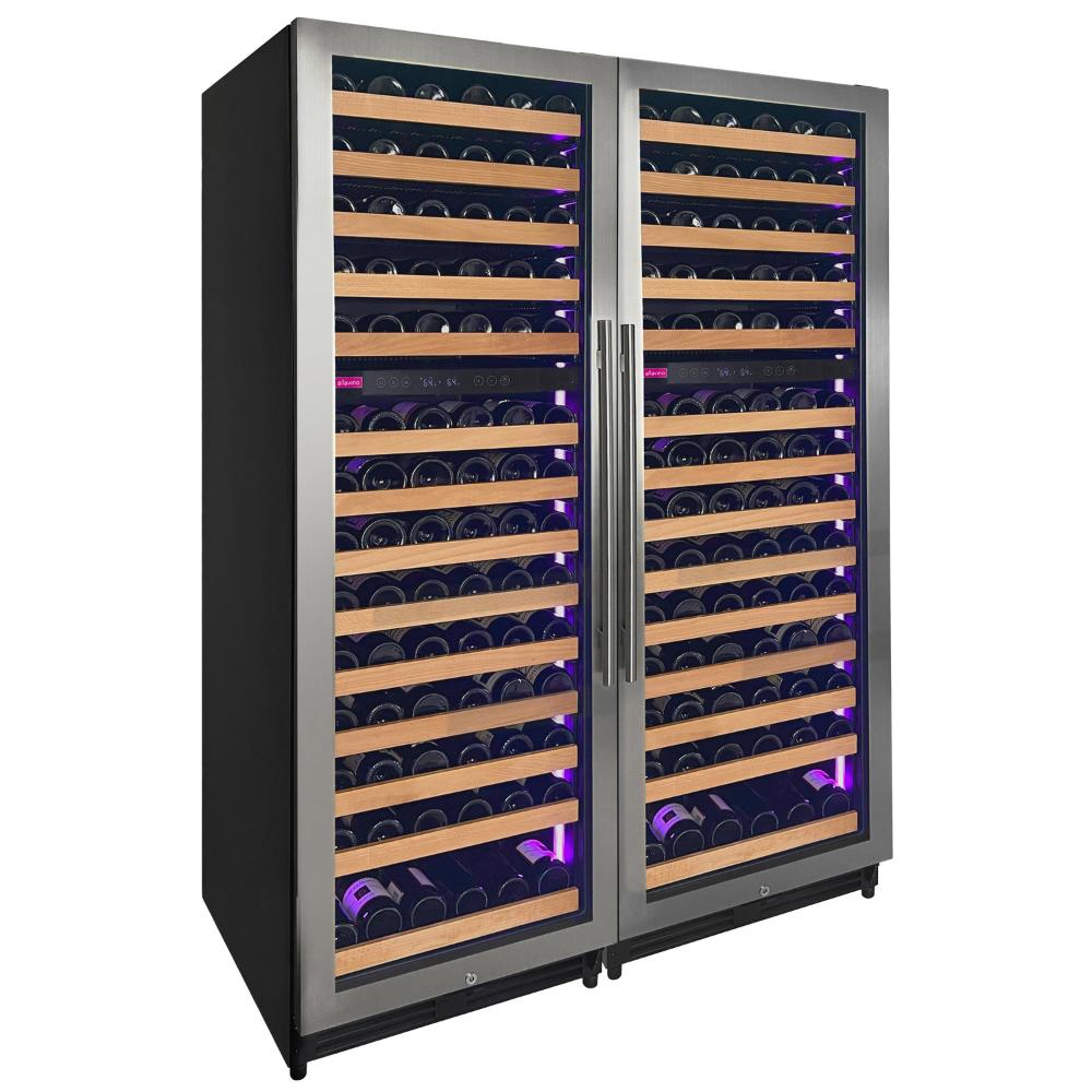 High-capacity 4-zone luxury wine cooler with stainless steel French doors.