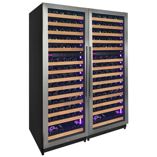 Triple-zone stainless steel wine fridge with 317-bottle capacity.