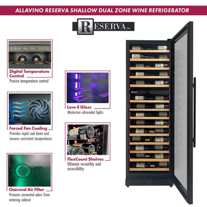 Allavino Reserva Series 134-Bottle 71" Tall Three Zone Shallow Side-by-Side Wine Refrigerator – Black Finish with Wood Front Shelves