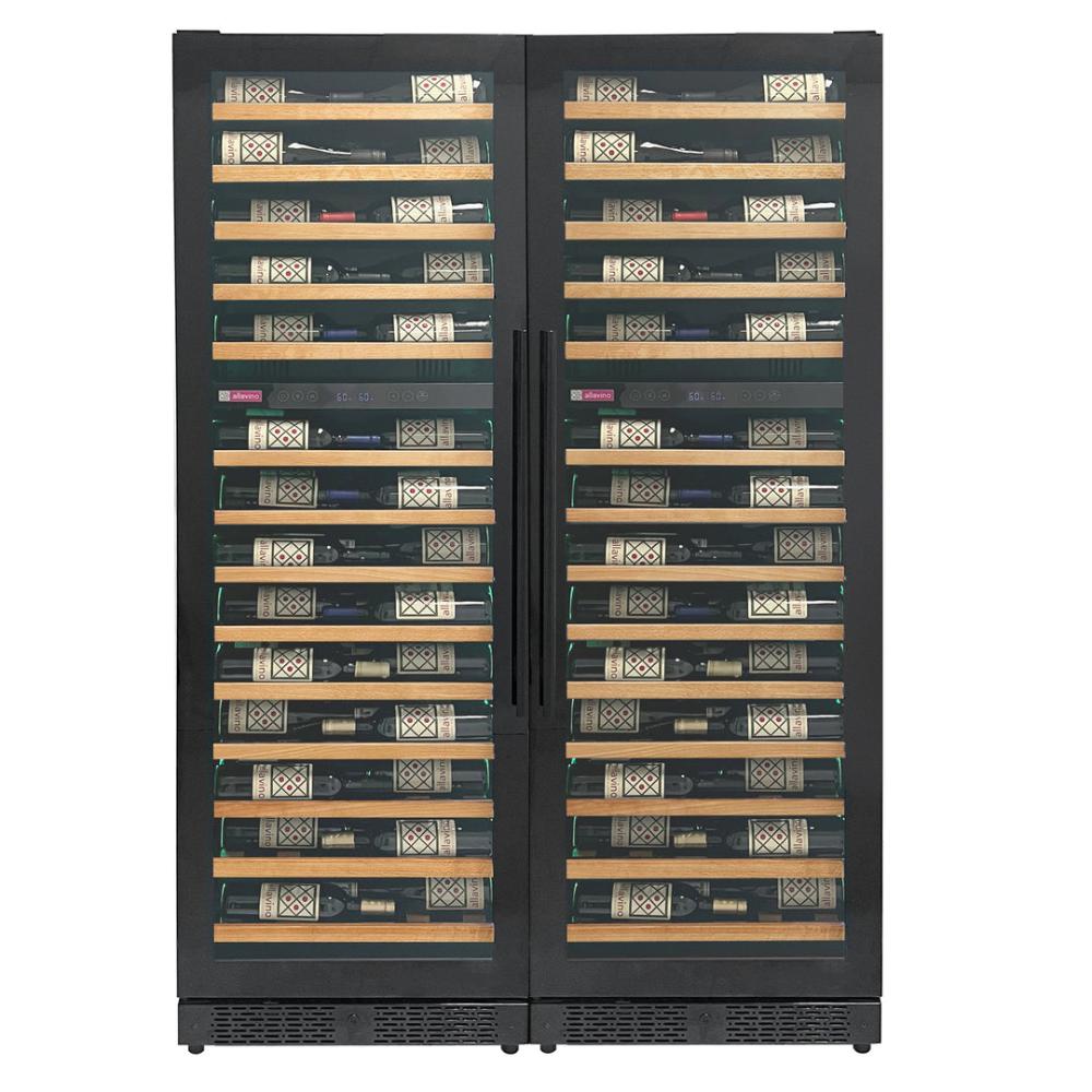 134-bottle slim wine cooler with wood-front shelves