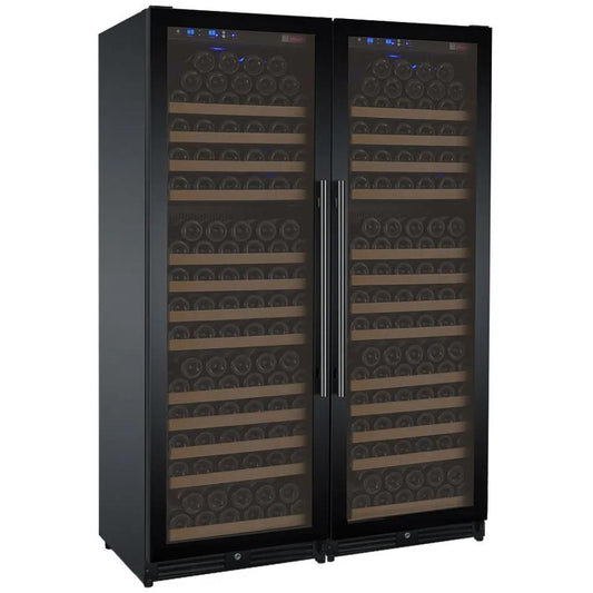 354-bottle black wine cooler with wood shelves