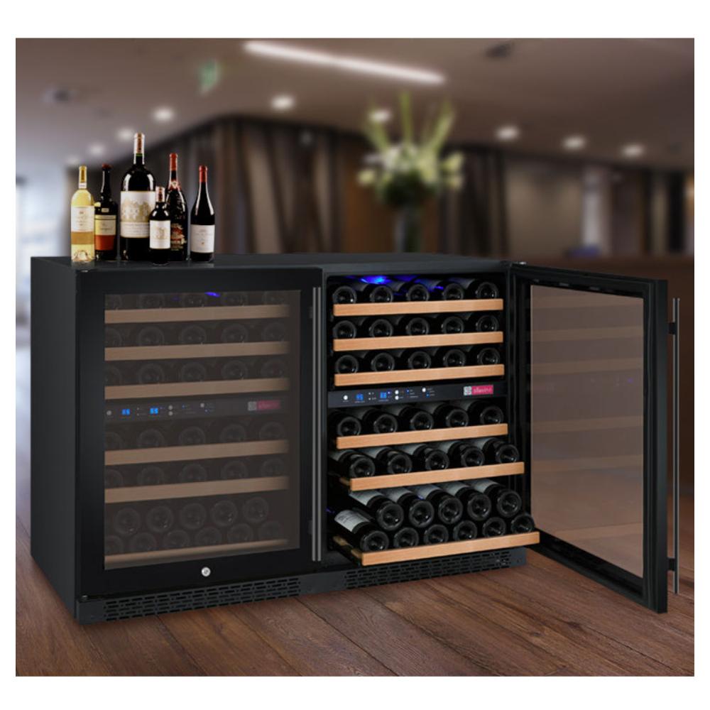 Black luxury wine refrigerator with wood-front shelves