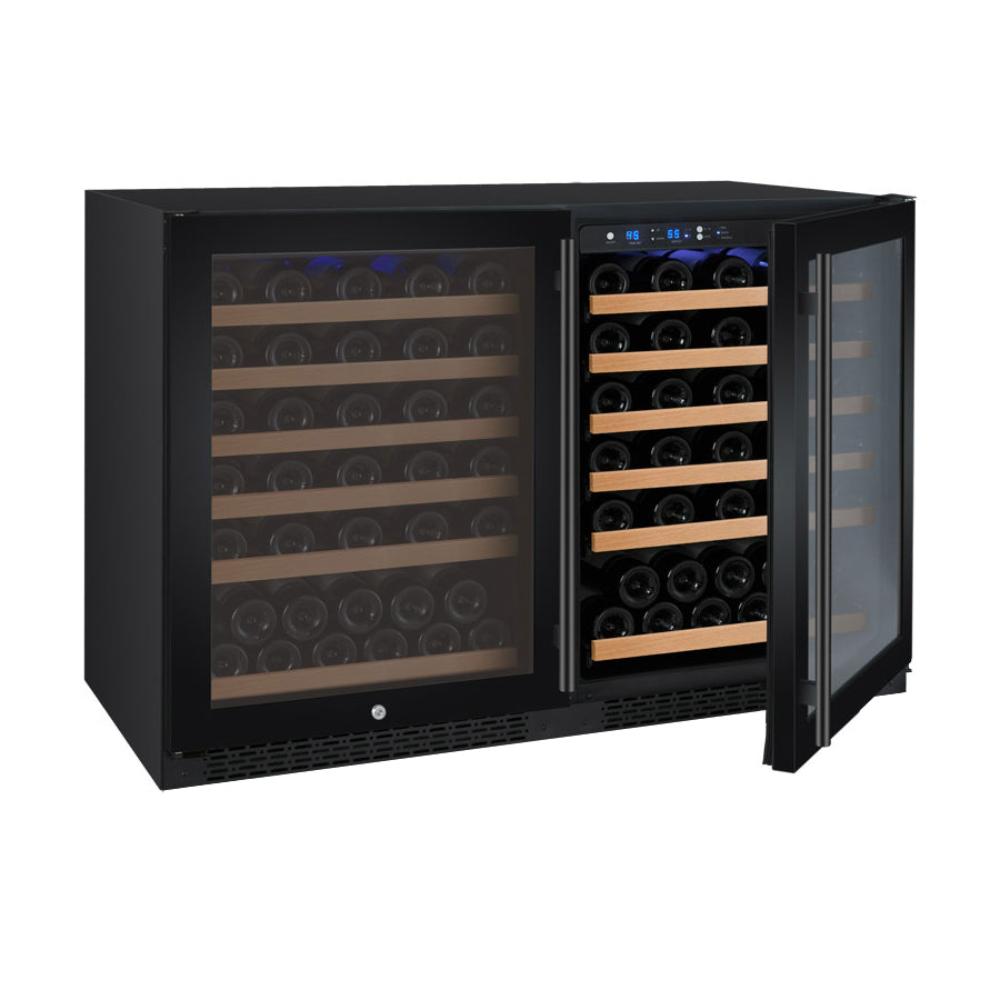 Built-in quad-zone wine cooler with soft blue lighting