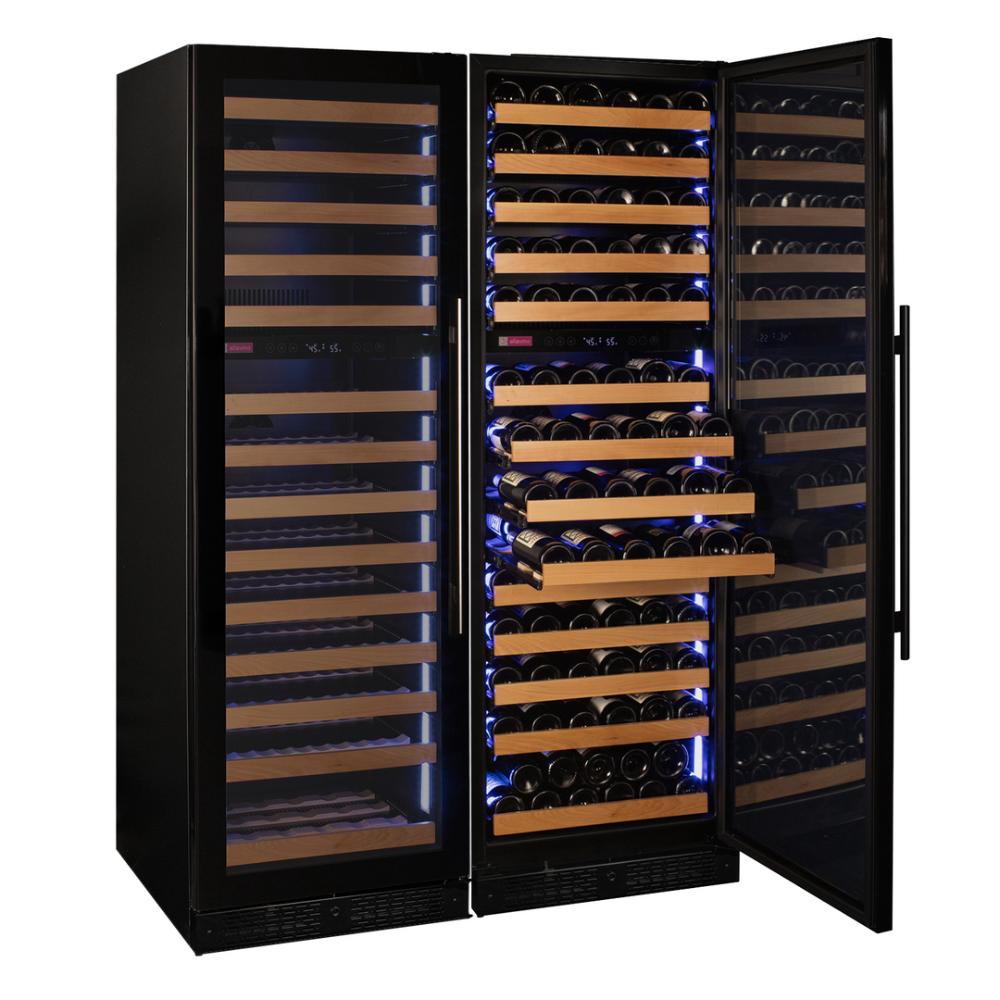 Luxury wine refrigerator holding 326 bottles with wood-front glide-out shelves.