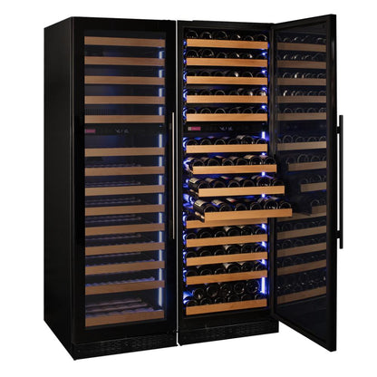 Luxury wine refrigerator holding 326 bottles with wood-front glide-out shelves.