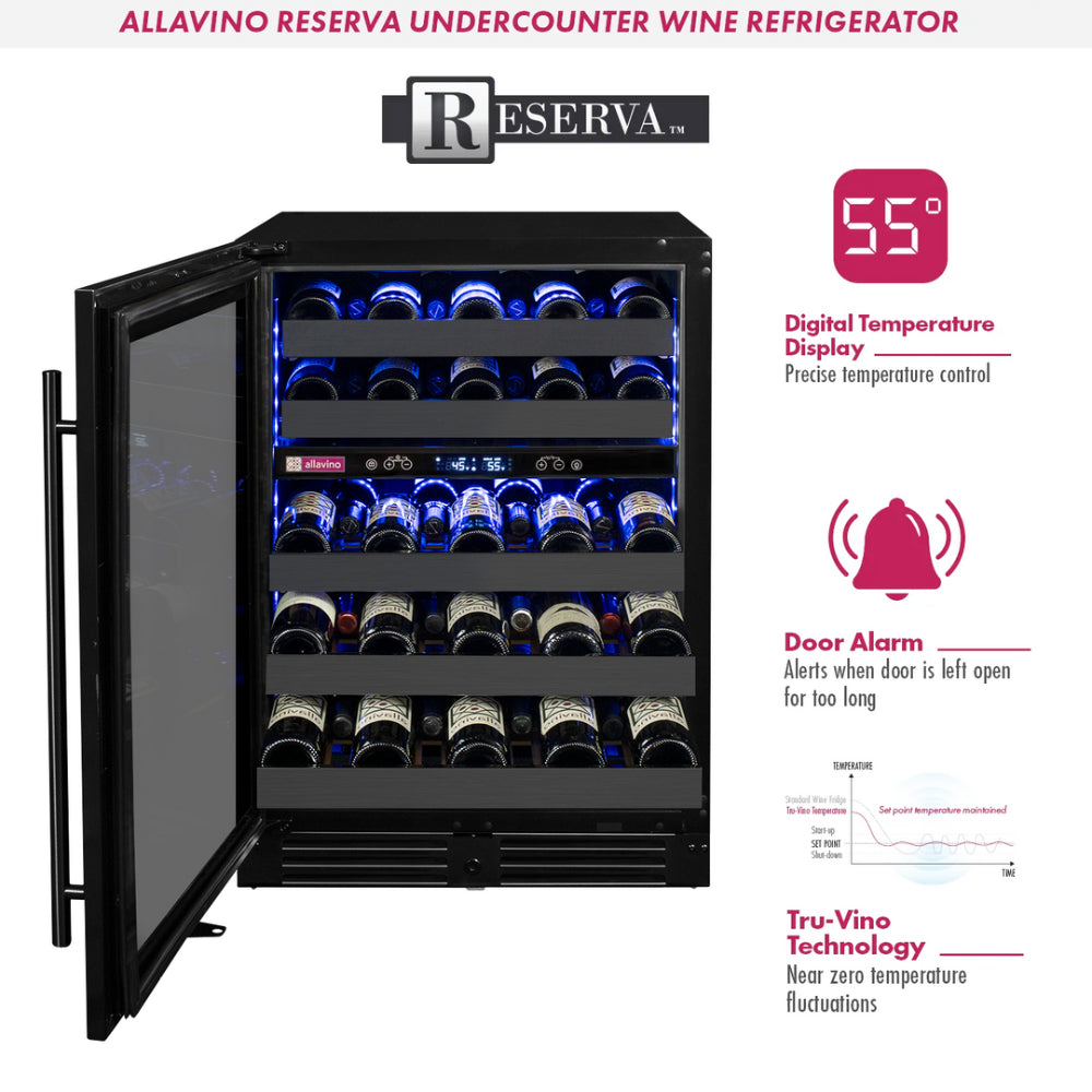 Allavino Reserva Series 50 Bottle 34” Tall Dual Zone Wine Cooler Refrigerator - Black Stainless Steel, Left Hinge