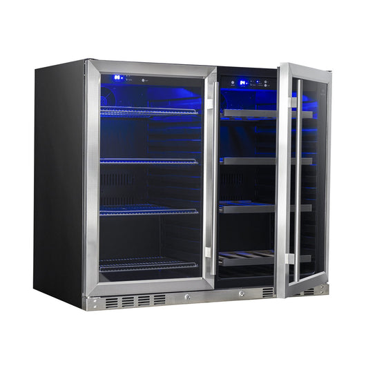 Interior view of the dual-zone cooler, showcasing 4 chromed metal shelves on the left side for beer cans and 4 wooden shelves on the right side for wine bottles.
