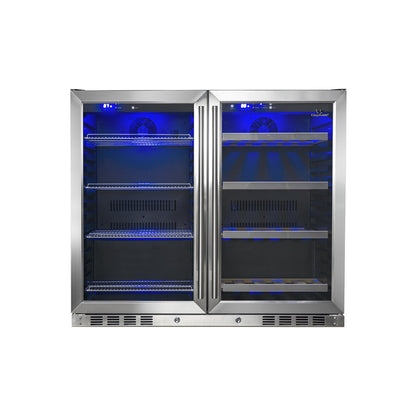 LED-lit interior of the cooler, displaying wine bottles and cans with soft illumination, highlighting the premium storage capacity.