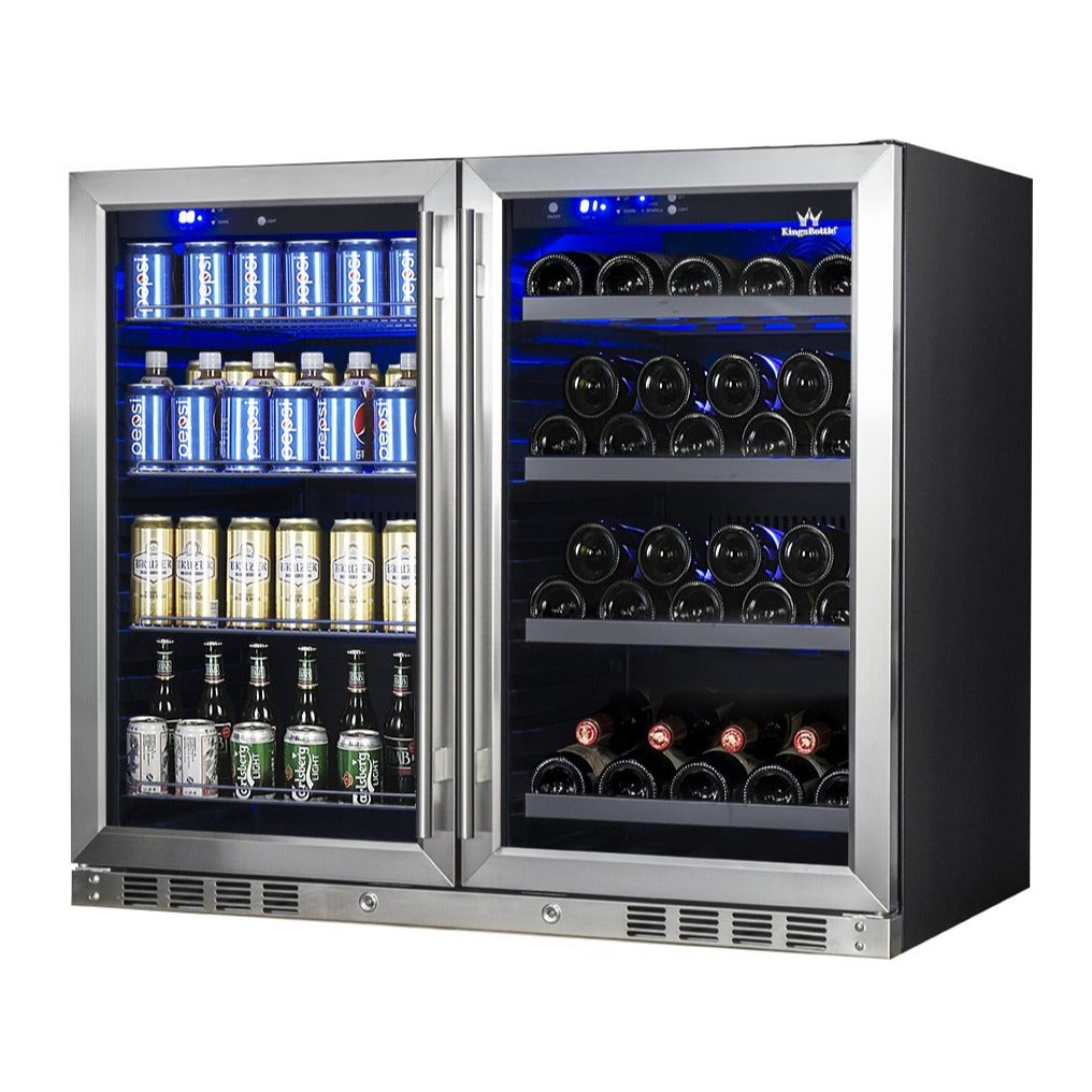 LED-lit interior of the cooler, displaying wine bottles and cans with soft illumination, highlighting the premium storage capacity.
