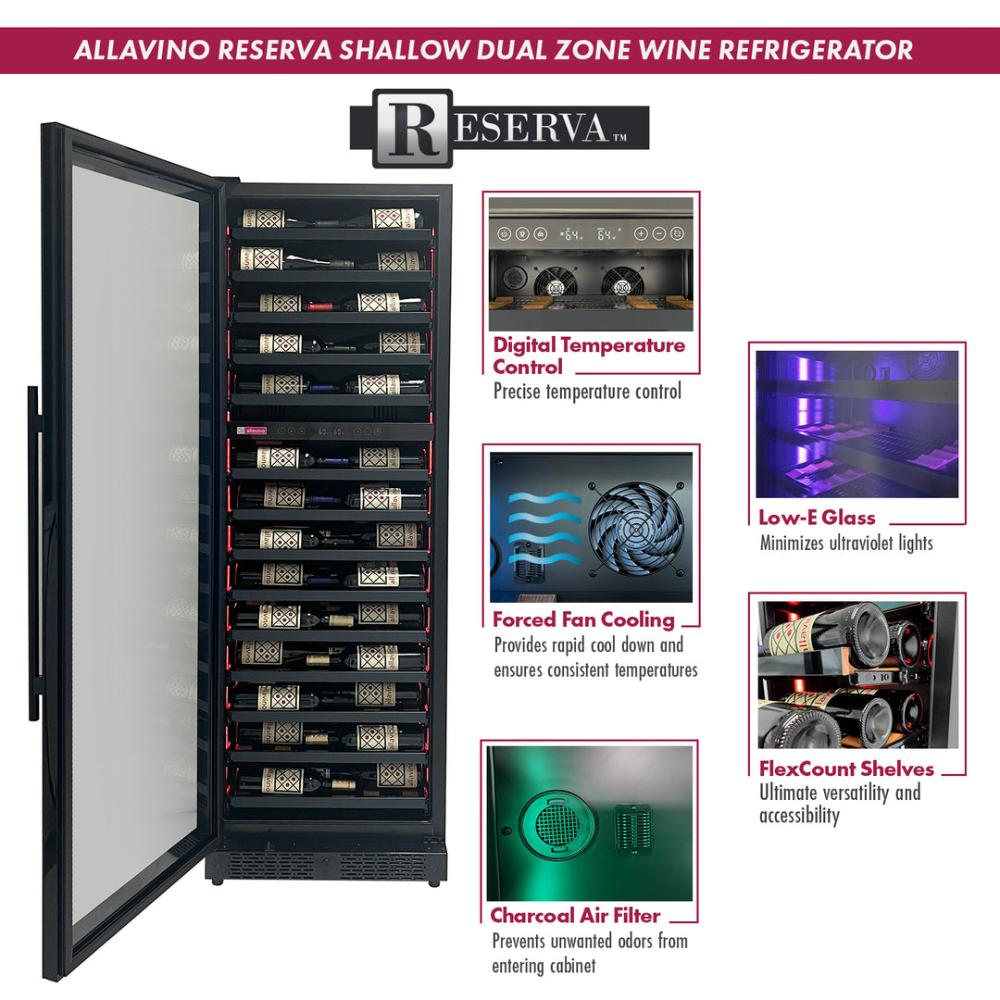 Allavino Reserva Series 134-Bottle Four Zone Shallow Side-by-Side Wine Refrigerators – Black Doors