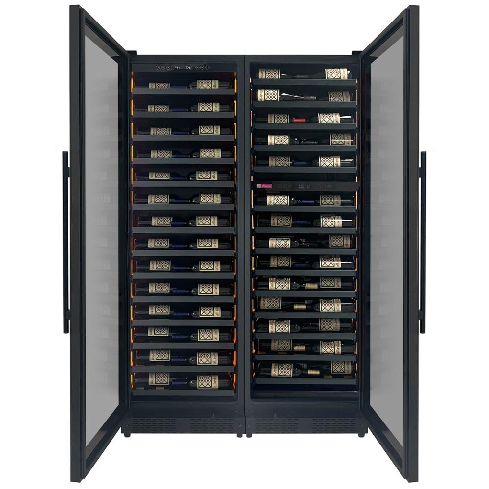 Metal-front slat shelves holding assorted wine bottles