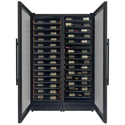 Metal-front slat shelves holding assorted wine bottles