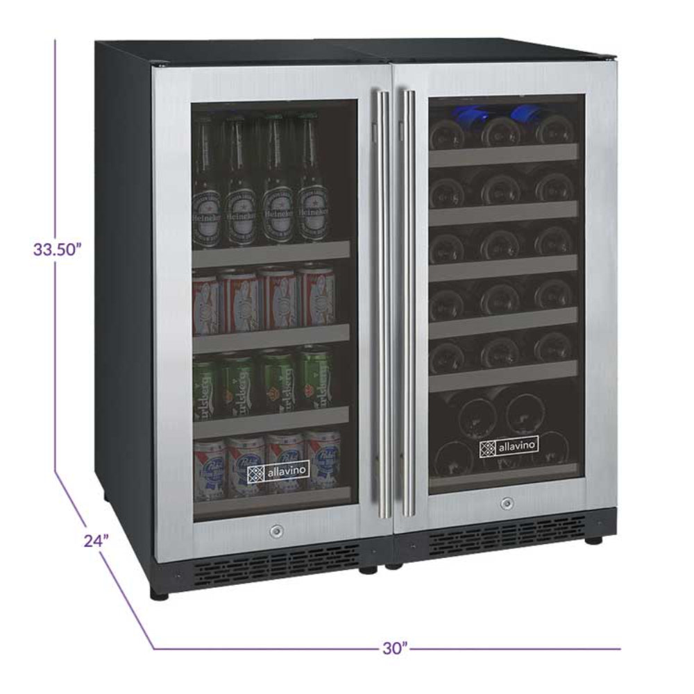 Allavino 30” FlexCount II Tru-Vino Dual Zone 30 Bottle/88 Can Built-In Wine Refrigerator and Beverage Center - Stainless Steel