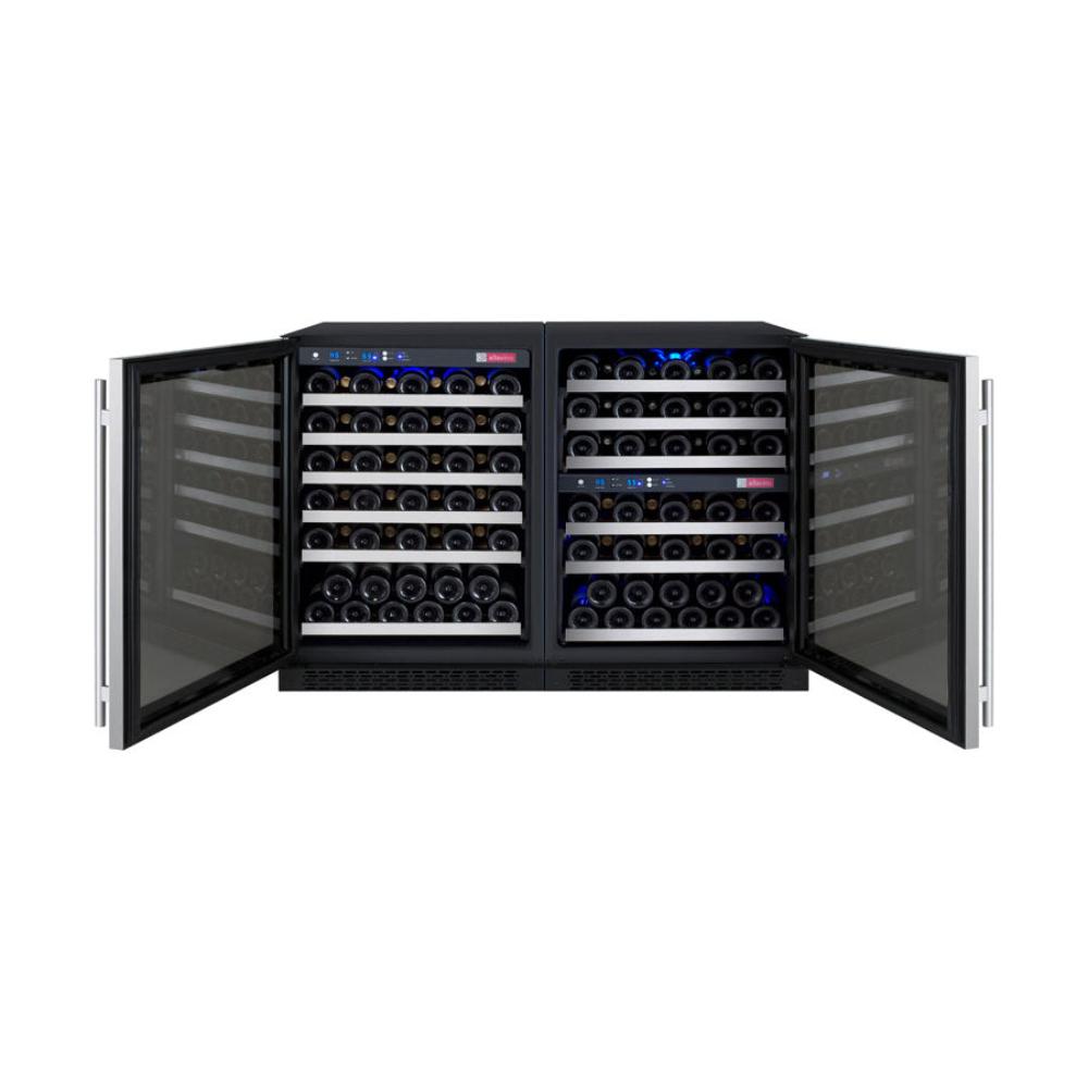 Front view of stainless steel wine cooler with UV glass doors