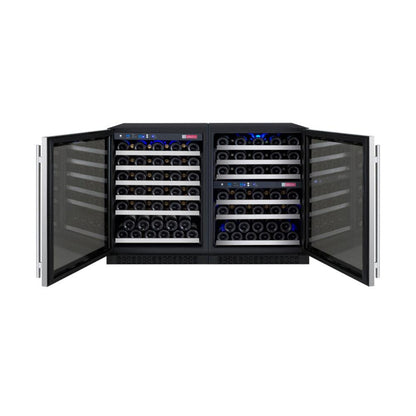 Front view of stainless steel wine cooler with UV glass doors