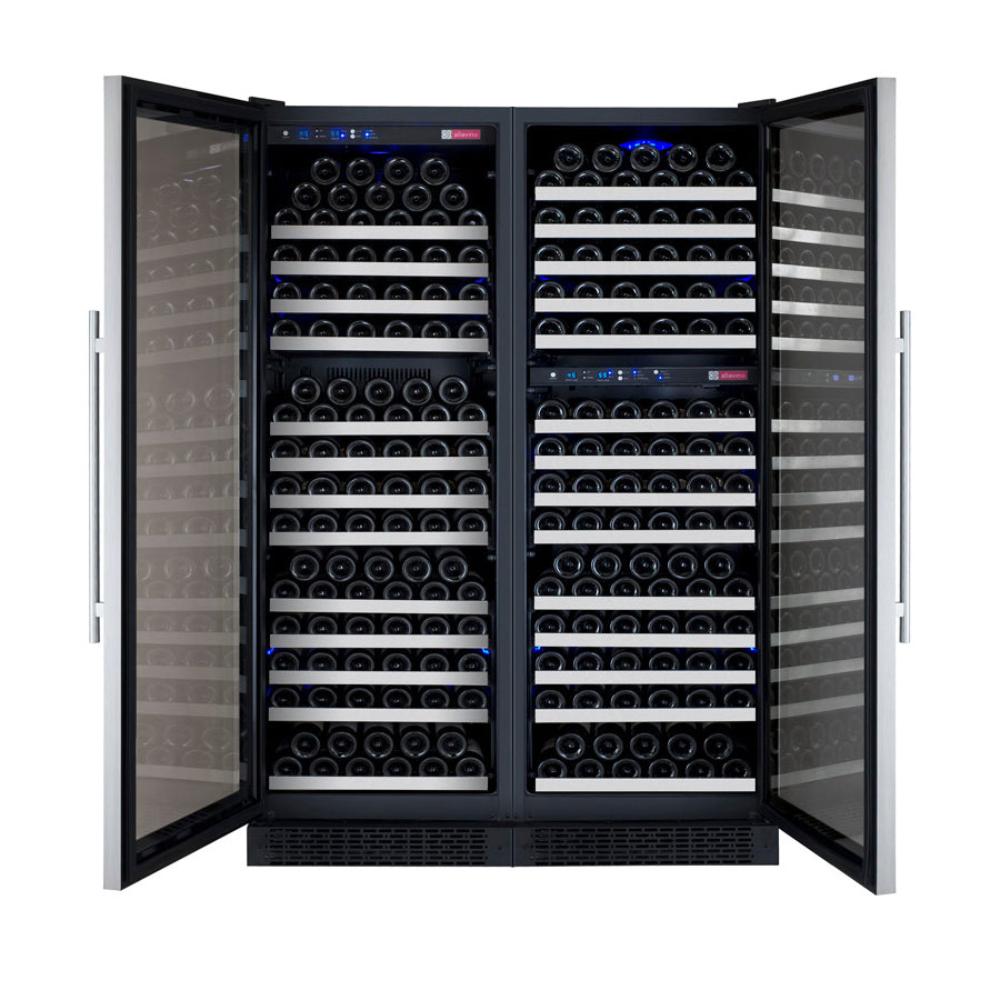 Interior of luxury wine fridge with LED lighting and digital controls