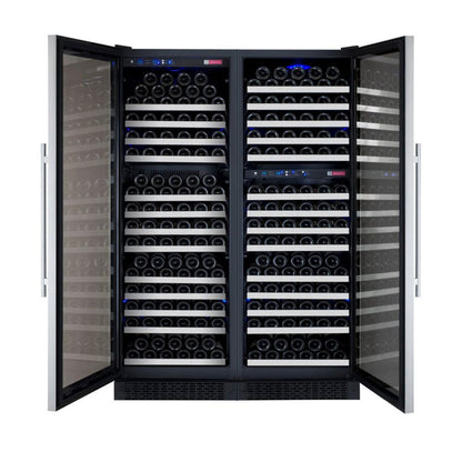 Interior of luxury wine fridge with LED lighting and digital controls
