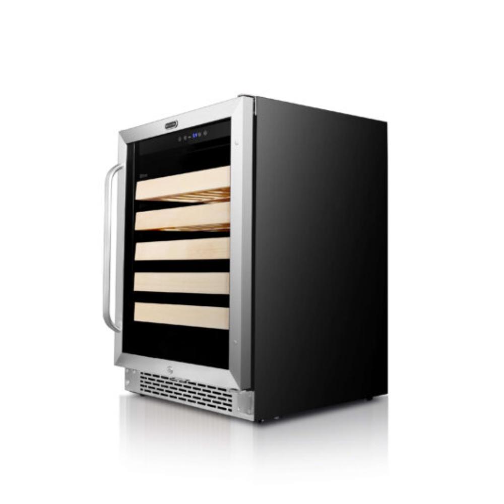 Single zone wine refrigerator with wood shelves and LED light