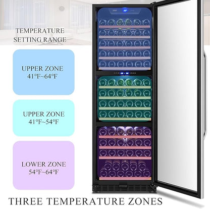 Open door of LanboPro 143 Bottle Triple Zone Wine Cooler with various wine bottles displayed