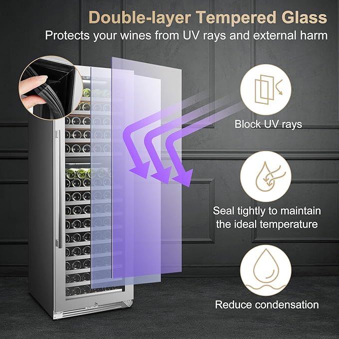 Stainless steel door with tempered glass and UV protection on the LanboPro 153 Bottle Wine Cooler.