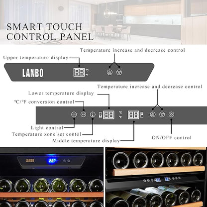 Close-up of the LanboPro 143 Bottle Wine Cooler’s triple-zone digital display.