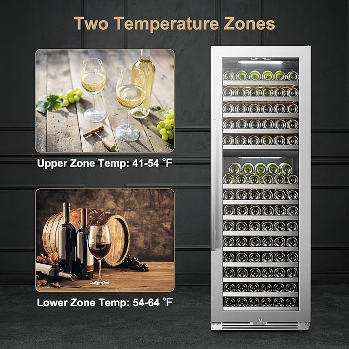 	Dual zone wine cooler displaying both red and white wines.