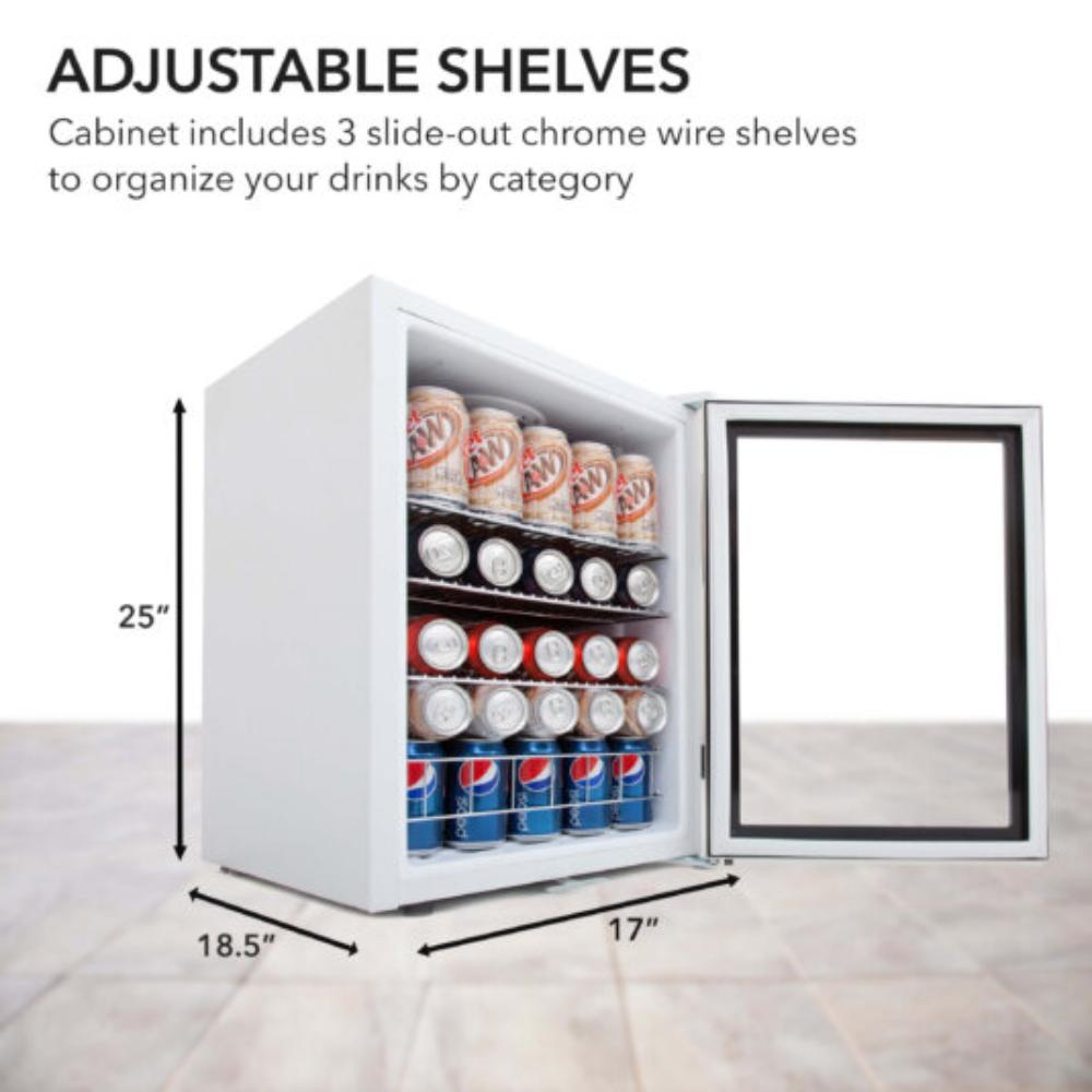 Small refrigerator with open door displaying drinks, labeled 'Adjustable shelves' and dimensions.