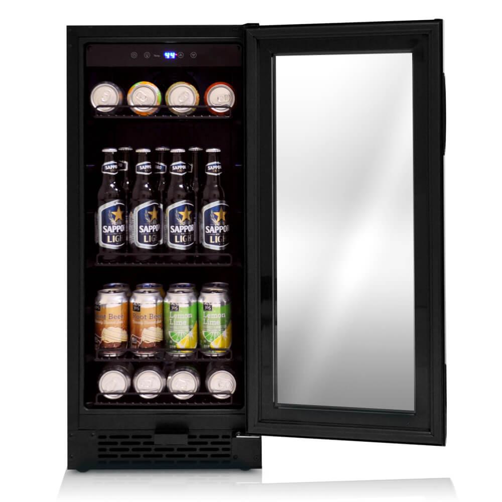 Slim 15-inch beverage cooler with reversible glass door