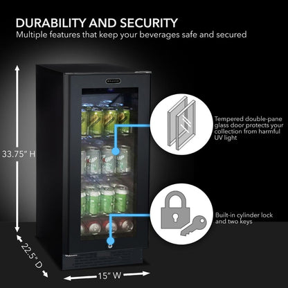 Whynter 15" Built-In /UnderCounter Beverage Refrigerator - 80 Can, Black Glass