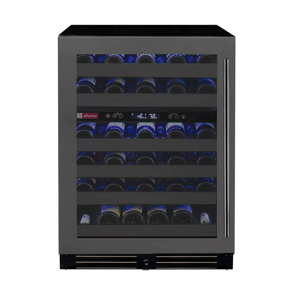 Front view of the Reserva Series 50 Bottle Dual Zone Wine Cooler, 34" tall, with a left-hinge glass door and black stainless steel finish