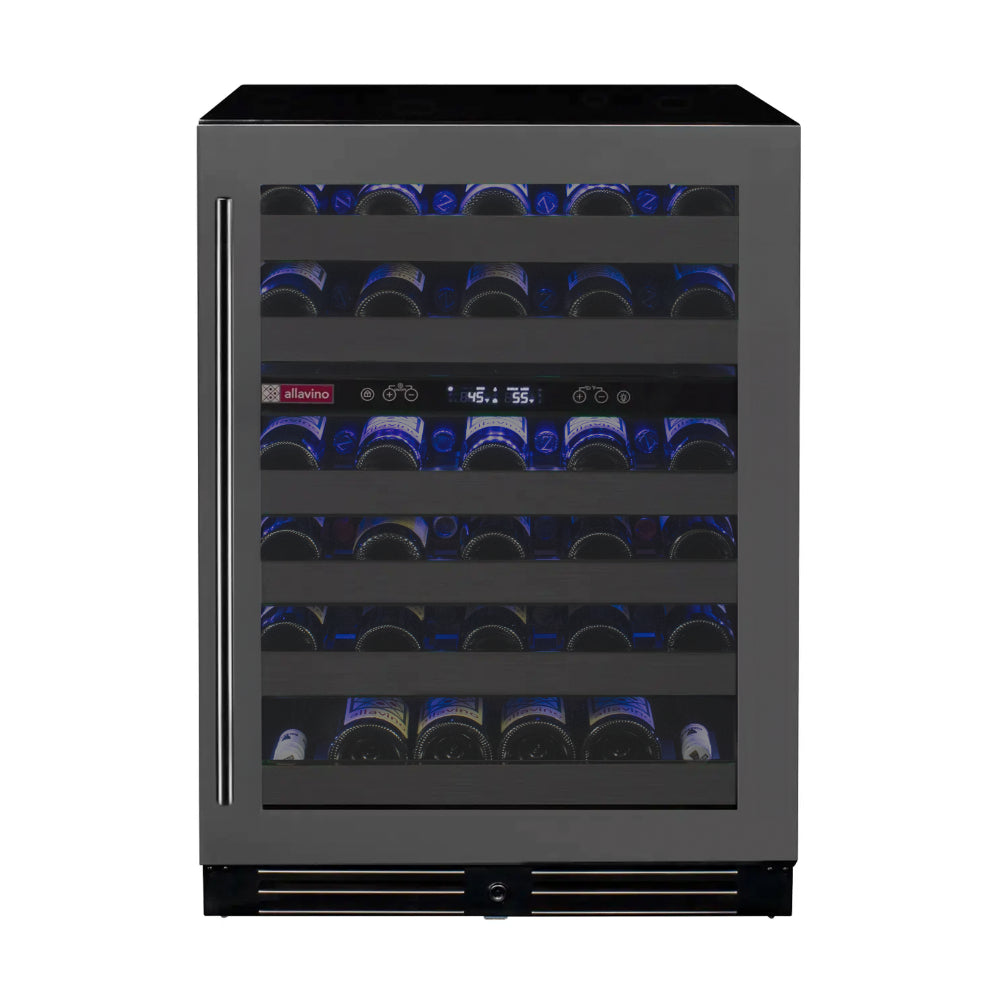 Front view of the Reserva Series 50 Bottle Dual Zone Undercounter Wine Cooler with a right-hinge black stainless steel door.