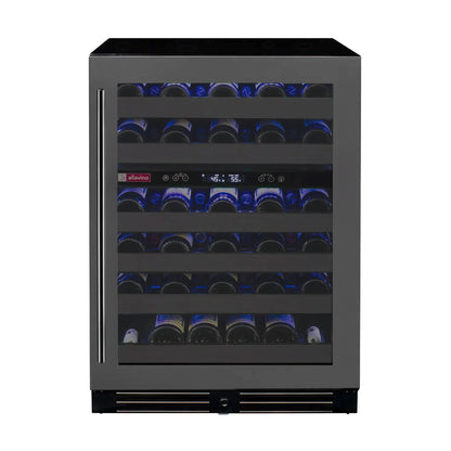 Front view of the Reserva Series 50 Bottle Dual Zone Undercounter Wine Cooler with a right-hinge black stainless steel door.