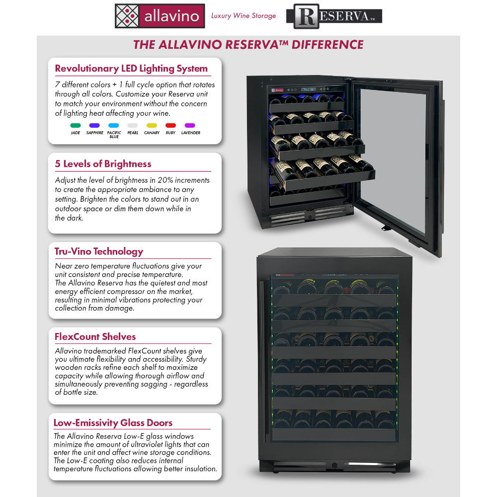 Allavino Reserva Series 50 Bottle Single Zone Built-In Luxury Wine Refrigerator - Black Stainless Steel Door, Right Hinge