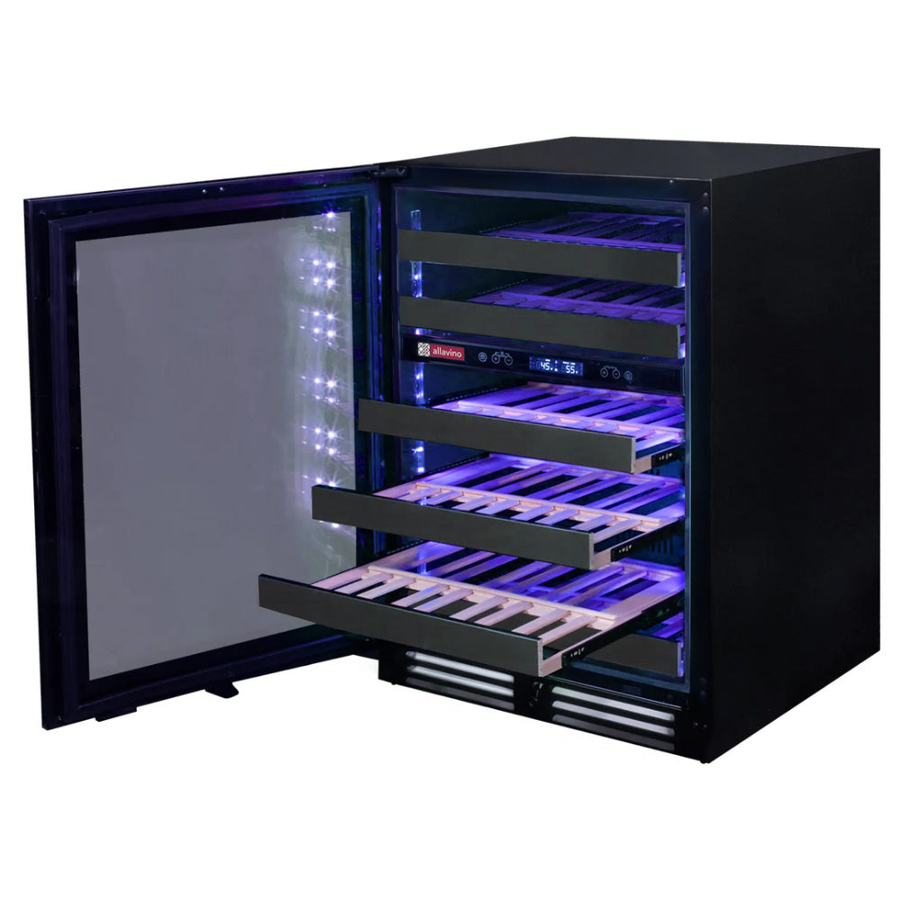 Interior of the Reserva Dual Zone Wine Refrigerator, showcasing 6 sturdy shelves and customizable multi-color LED lighting.