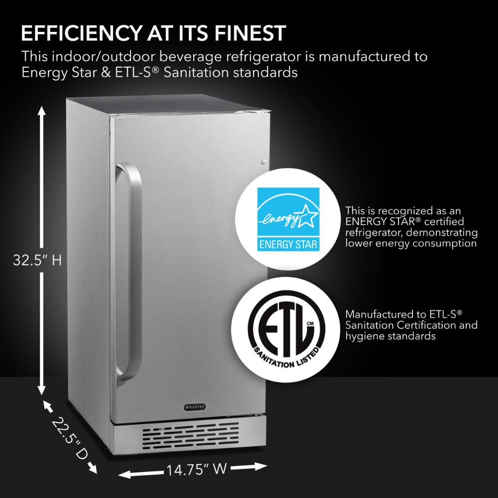 Stainless steel beverage refrigerator with Energy Star and ETL-S logos on a black background