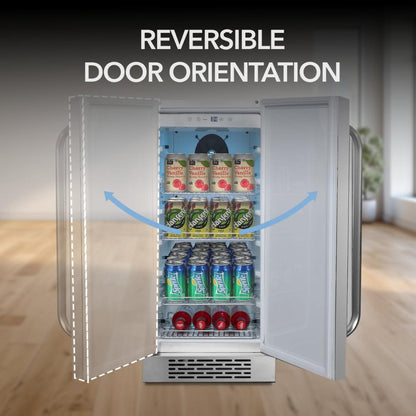 Slim stainless steel refrigerator with reversible door