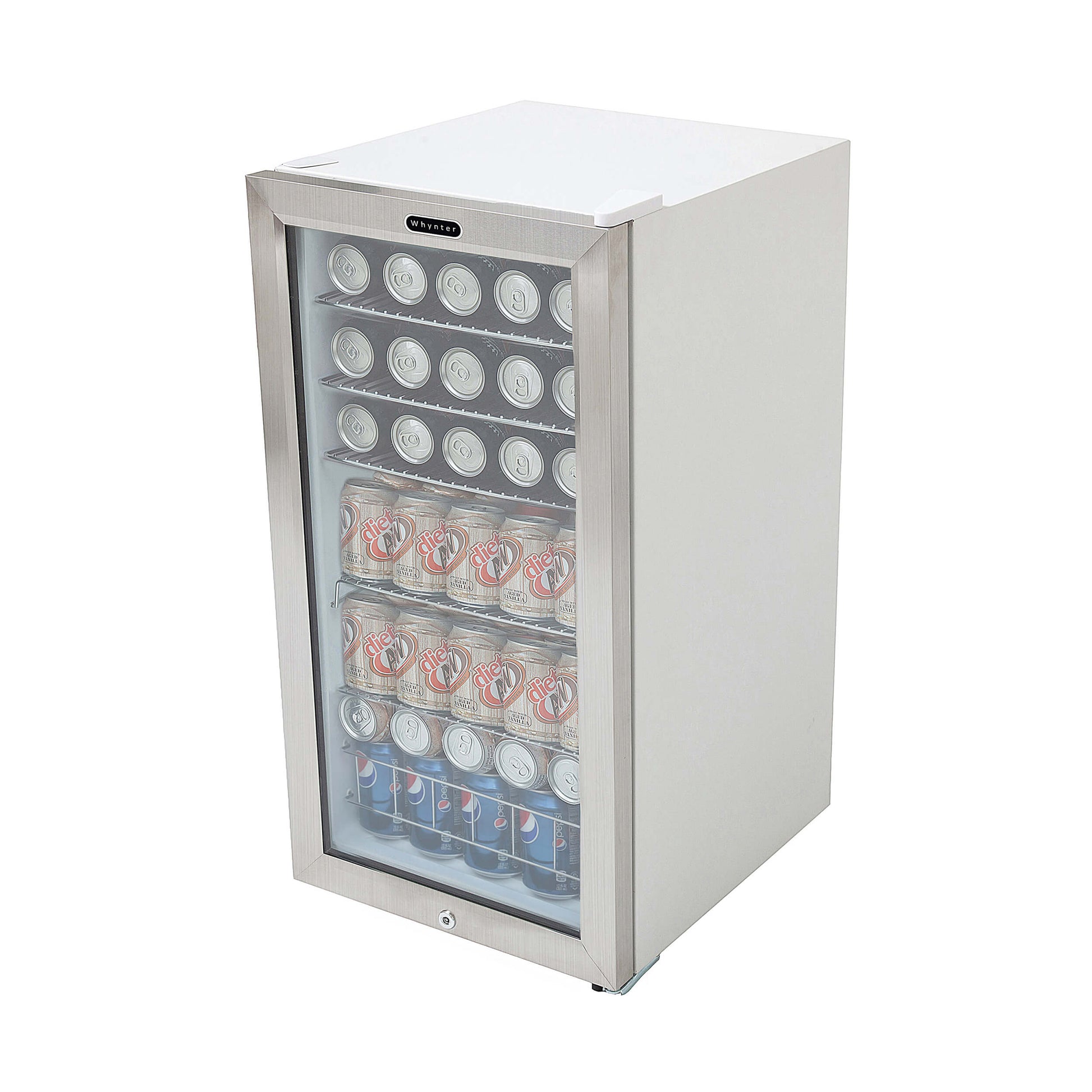 Beverage cooler with glass door displaying cans on a white background