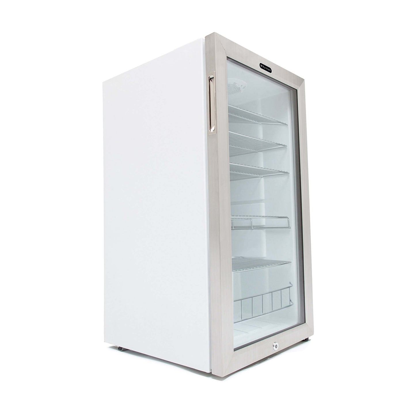 Freestanding beverage cooler with LED lighting and lock