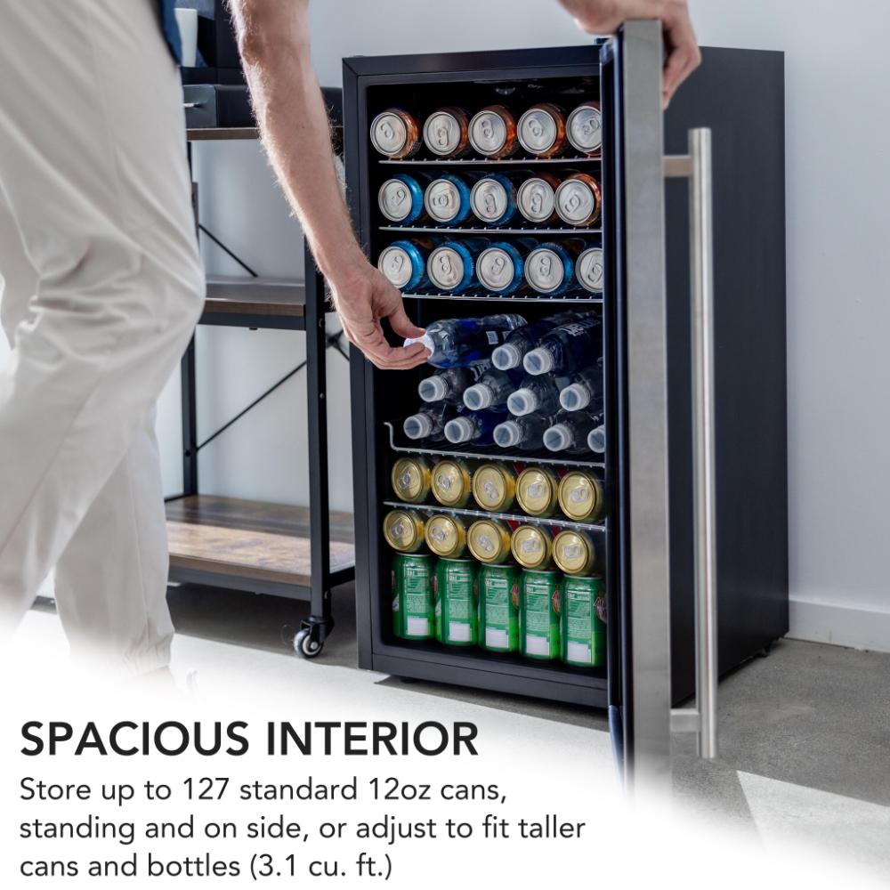 Stainless steel mini fridge with front glass display