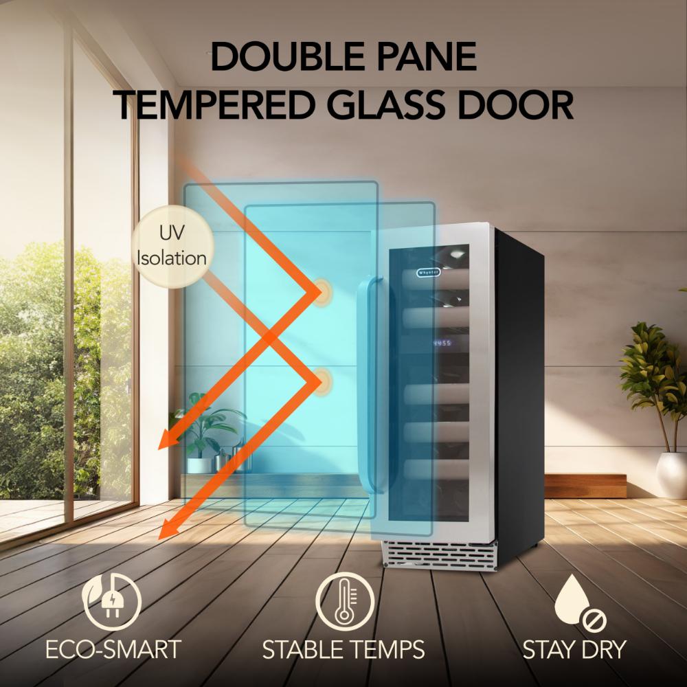 Wine cooler with double pane tempered glass door featuring UV isolation, eco-smart, stable temps, and stay dry features.