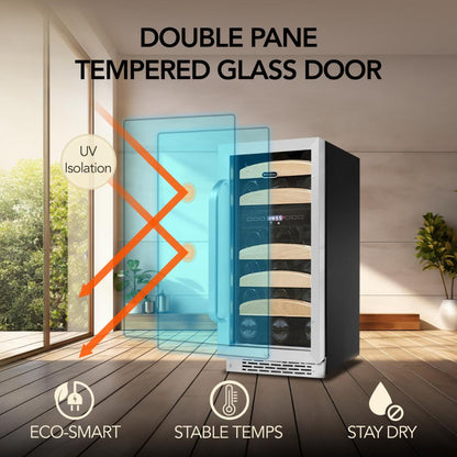 Freestanding stainless steel wine fridge with dual temperature zones