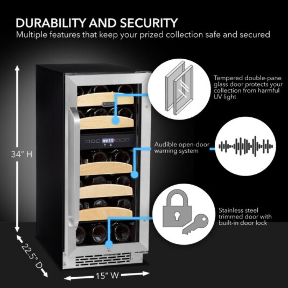 Luxury dual-zone wine cooler with curved stainless handle