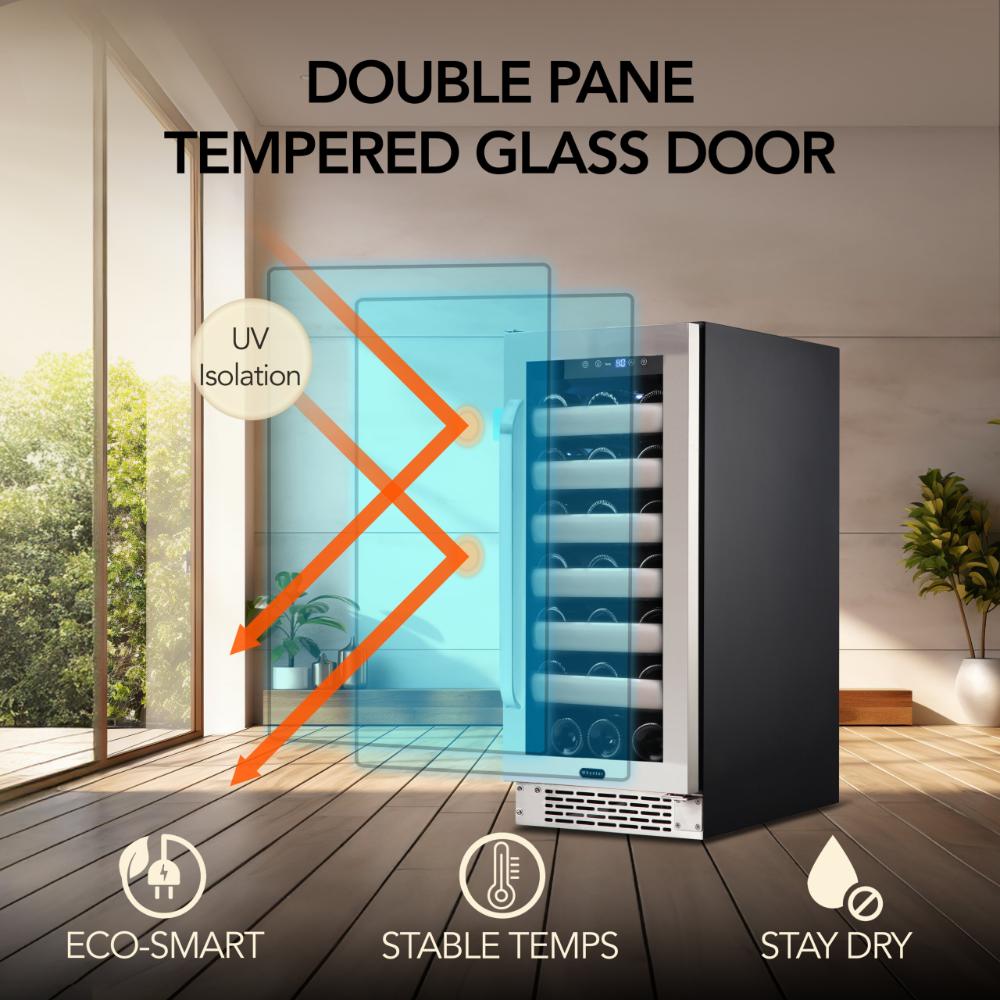 Compact stainless steel wine refrigerator with LED lighting