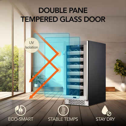 Compact stainless steel wine refrigerator with LED lighting