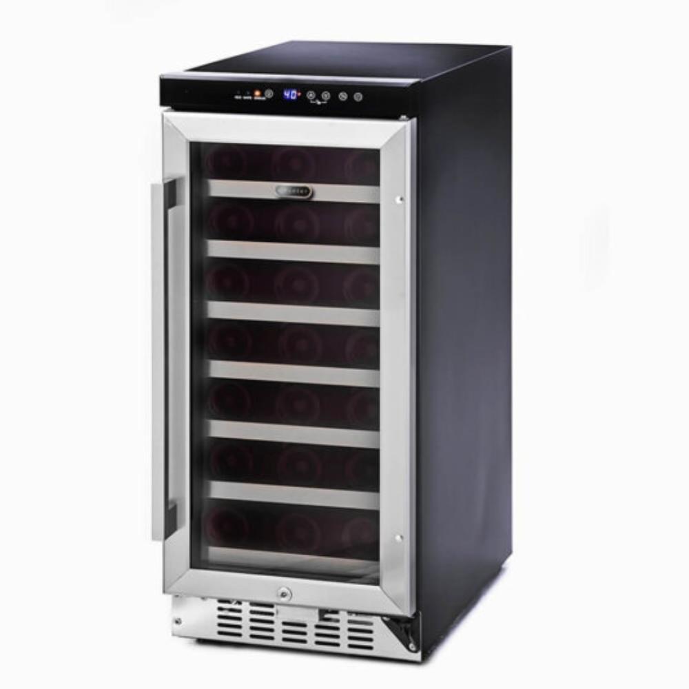 Slim 15-inch stainless steel wine fridge with seamless door